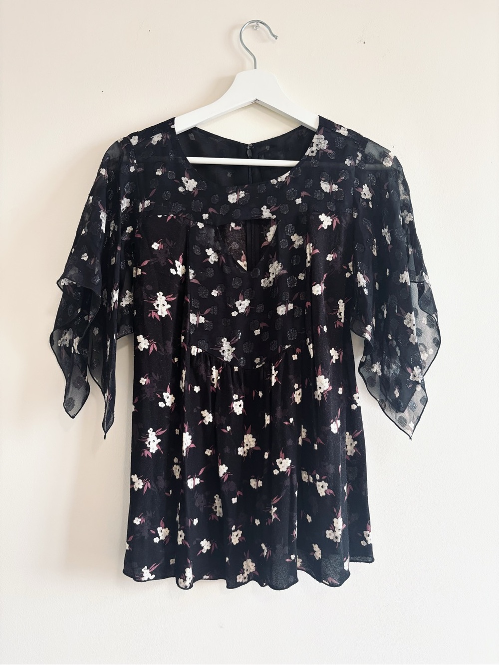 Anna Sui Babydoll Cutout Top 2016 Resort Black Floral Polka Dot | Size M